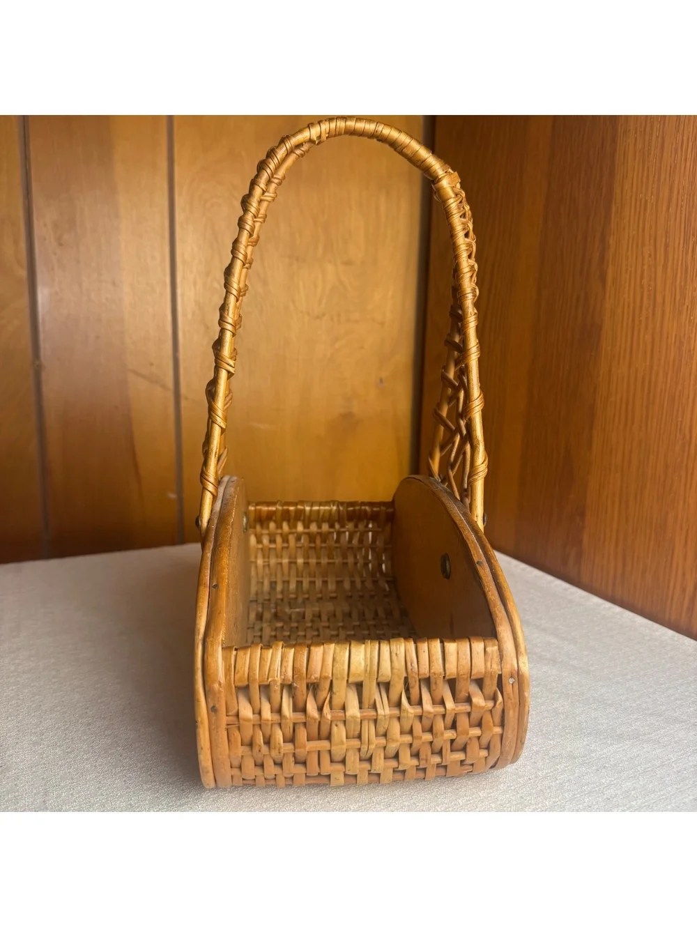 Vintage Woven Rattan Basket With Arched Handle – Boho Storage & Display Basket